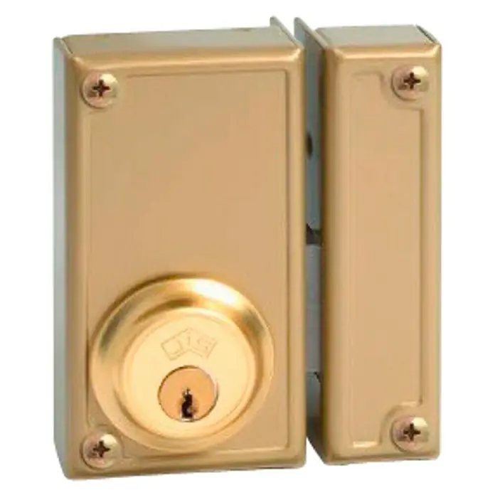 JiS Cerradura con cerrojo 33-6 - Tipo de bloqueo: Cerradura de bombín, DIN-derecha, Puerta exterior - Primer plano de una cerradura de sobreponer dorada que ofrece seguridad y un estilo tradicional para las puertas.
