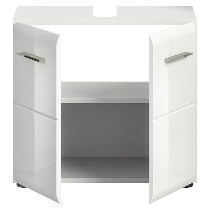 xonox.home Waschtischunterschrank Ice - B x T x H: 60 x 32 x 54 cm, Weiß, Glänzend - Ein weißer Badezimmerschrank mit offenen Türen und zwei Regalböden. Das moderne Design passt gut zu verschiedenen Badezimmereinrichtungen.