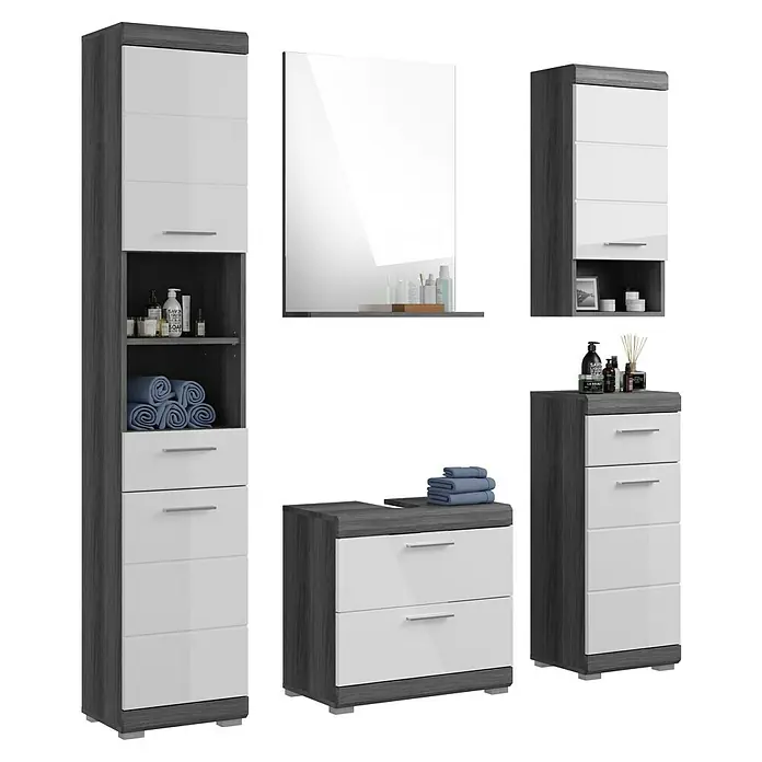 xonox.home Scout Badmöbel-Set Scout - 164 cm, Weiß/Rauchsilber, Glänzend, 2 Schubladen - Badezimmermöbel-Set in Grau und Weiß, bestehend aus Hochschrank, Spiegel, Unterschrank und Kommode.
