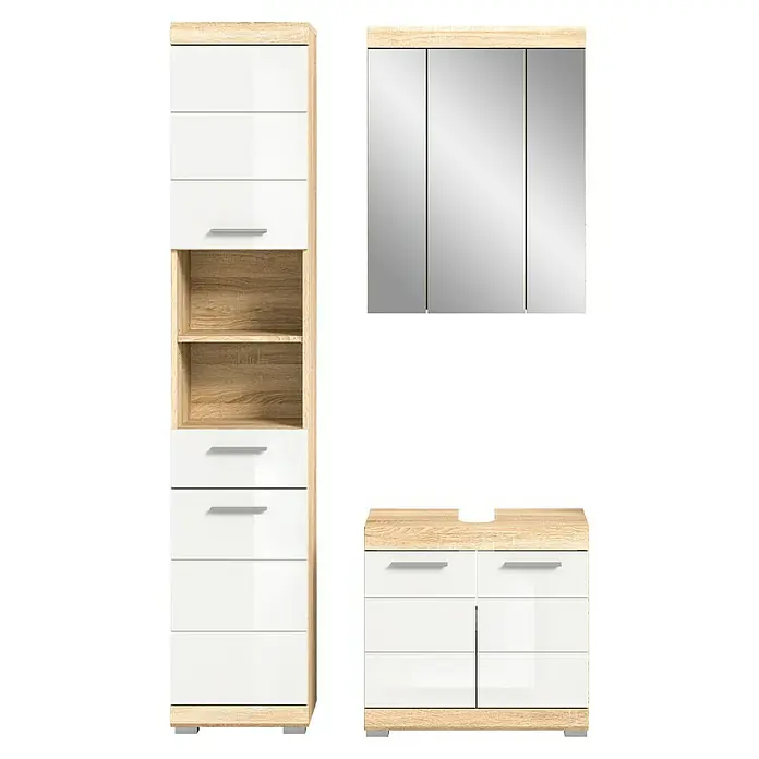 xonox.home Lambada Badmöbel-Set Lambada - 112 cm, Weiß/Sonoma Eiche hell, Glänzend, 3 -tlg. - Badezimmerset mit Hochschrank, Spiegelschrank und Waschtischunterschrank in Eiche Optik und weißen Hochglanzfronten.