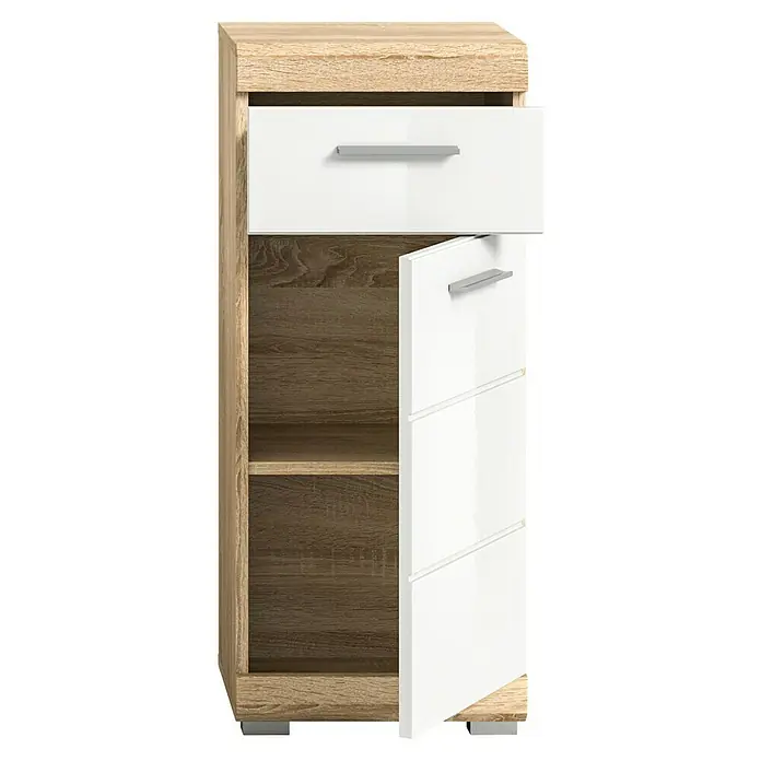 xonox.home Lambada Unterschrank Lambada - B x T x H: 37 x 31 x 88 cm, Weiß/Sonoma Eiche hell - Nahaufnahme eines modernen Holzschranks mit weißer Schublade und Tür, die den Innenraum mit Regalen zeigt.
