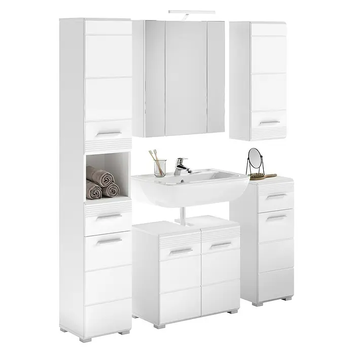 xonox.home Linus Badmöbel-Set Linus - 150 cm, Weiß, Glänzend, Mit Beleuchtung - Badezimmer-Set in Weiß mit Spiegelschrank, Waschtischunterschrank und Hochschrank für ein modernes und stilvolles Bad.