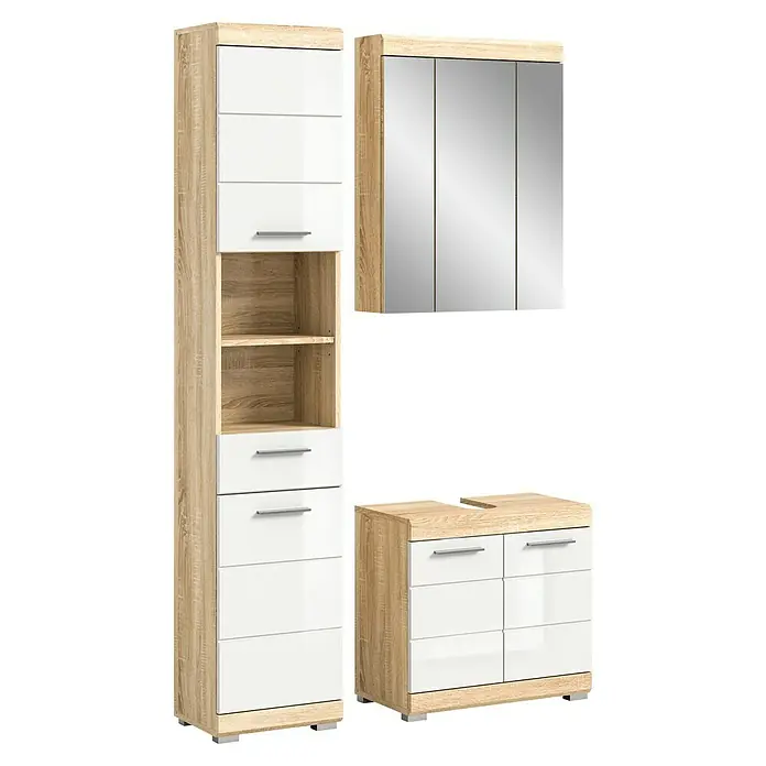 xonox.home Lambada Badmöbel-Set Lambada - 112 cm, Weiß/Sonoma Eiche hell, Glänzend, 3 -tlg. - Das Bild zeigt ein Badezimmerset mit einem Hochschrank, einem Spiegelschrank und einem Waschtischunterschrank in Holzoptik mit weißen Fronten.