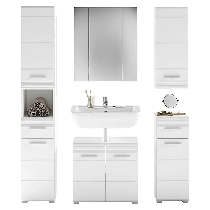 xonox.home Linus Badmöbel-Set Linus - 150 cm, Weiß, Glänzend, Ohne Beleuchtung - Badezimmer-Set in Weiß mit Spiegelschrank, Waschbeckenunterschrank und Hochschränken für ein modernes und stilvolles Bad.