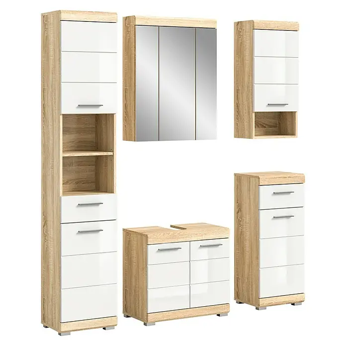 xonox.home Lambada Badmöbel-Set Lambada - 164 cm, Weiß/Sonoma Eiche hell, Glänzend - Badezimmer-Set mit Spiegelschrank, Waschbeckenunterschrank, Hochschrank und zwei Kommoden in Holzoptik mit weißen Fronten.
