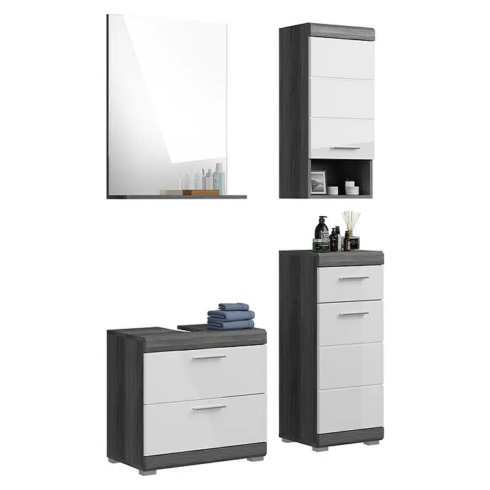 xonox.home Scout Badmöbel-Set Scout - 112 cm, Weiß/Rauchsilber, Glänzend, 4 -tlg., Mit Ablagespiegel, 2 Schubladen - Badezimmerset mit Spiegel, Hängeschrank und Waschtischunterschrank in Grau und Weiß. Stilvolles Design für moderne Badezimmer.