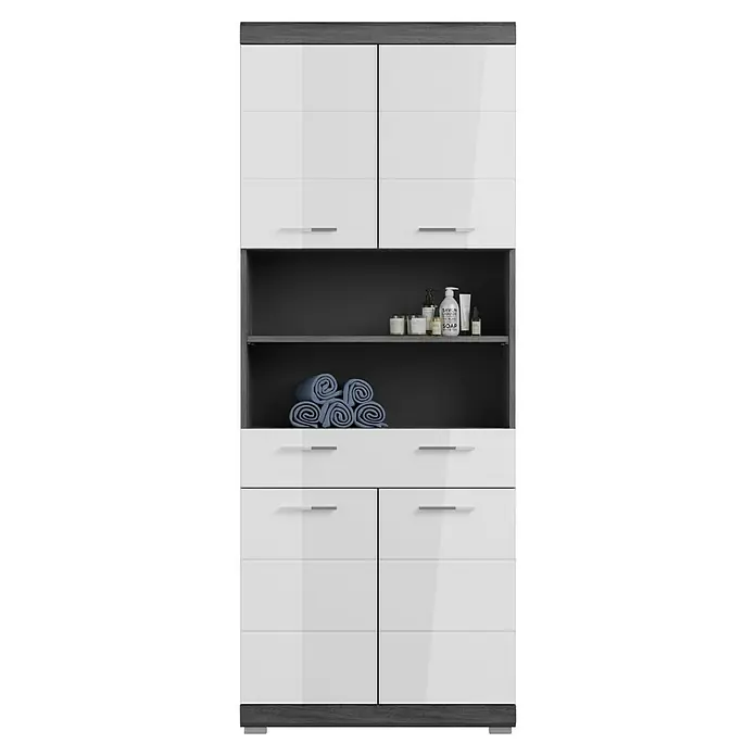 xonox.home Scout Hochschrank Scout 2 - 74 x 31 x 191 cm, Weiß/Rauchsilber - Modernes Badezimmerregal mit weißen Hochglanztüren, grauen Akzenten und Ablageflächen für Handtücher und Pflegeprodukte.