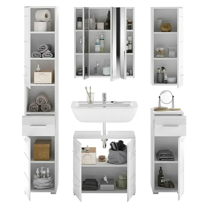 xonox.home Linus Badmöbel-Set Linus - 150 cm, Weiß, Glänzend, Ohne Beleuchtung - Badezimmer-Set mit Waschbeckenunterschrank, Hängeschrank und Hochschrank in Weiß, bietet viel Stauraum und ein modernes Design.