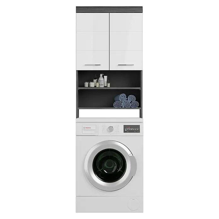 xonox.home Scout Waschmaschinenregal Scout - L x B x H: 24 x 63 x 191 cm, Weiß/Rauchsilber - Waschmaschine mit Waschmittelfach und Handtüchern, eingebaut in einen Wandschrank mit Schubladen.