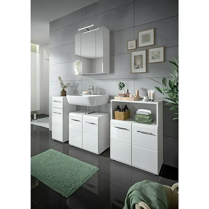 xonox.home Waschtischunterschrank Ice - B x T x H: 60 x 32 x 54 cm, Weiß, Glänzend - Elegantes Badezimmer-Interieur mit weißen Badmöbeln, Waschbecken und Spiegelschrank vor grauer Wand. Stilvolles Design für moderne Bäder.
