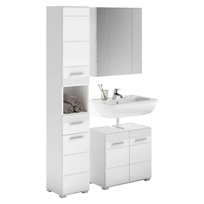 xonox.home Linus Badmöbel-Set Linus - 105 cm, Weiß, Glänzend, 3 -tlg. - Elegantes Badezimmermöbel-Set in Weiß mit Spiegelschrank, Waschtisch und hohem Schrank für ein stilvolles und modernes Ambiente.