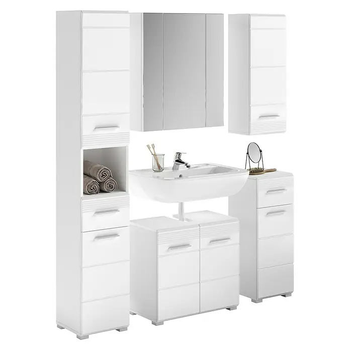 xonox.home Linus Badmöbel-Set Linus - 150 cm, Weiß, Glänzend, Ohne Beleuchtung - Modernes Badezimmerset in Weiß mit Waschbecken, Spiegel und Stauraum. Ideal für ein stilvolles Badezimmer.