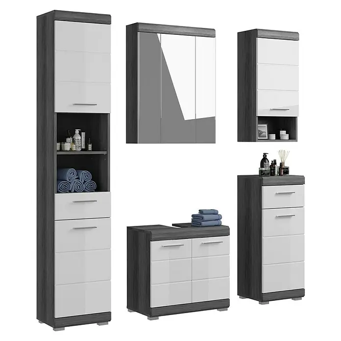 xonox.home Scout Badmöbel-Set Scout - 164 cm, Weiß/Rauchsilber, Glänzend, 2 Türen, Ohne Beleuchtung - Badezimmermöbel-Set in Grau und Weiß. Das Set besteht aus einem hohen Schrank, einem Spiegelschrank, einem Unterschrank und einem Seitenschrank.