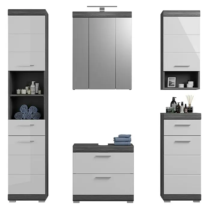 xonox.home Scout Badmöbel-Set Scout - 164 cm, Weiß/Rauchsilber, Glänzend, 2 Schubladen, Mit Beleuchtung - Badmöbelset mit Hochschrank, Waschtischunterschrank und Spiegelschrank in Weiß und Grau, ideal für ein modernes Badezimmerdesign.