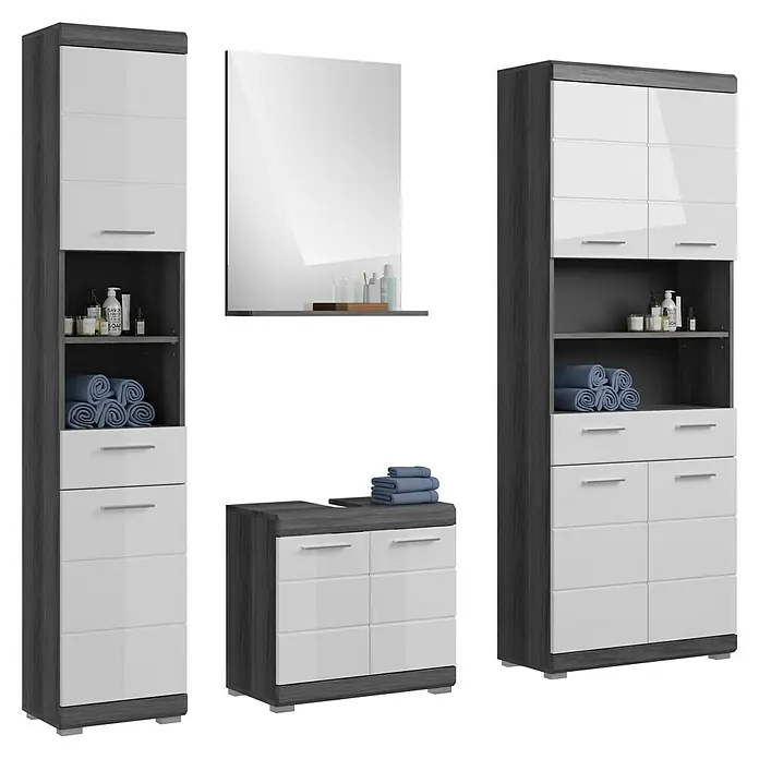 xonox.home Scout Badmöbel-Set Scout - 186 cm, Weiß/Rauchsilber, Glänzend, Mit Ablagespiegel & Hochschrank 2 - Elegantes Badezimmerset in Grau und Weiß, bestehend aus Schrank, Spiegel und Kommode, perfekt für moderne Bäder.