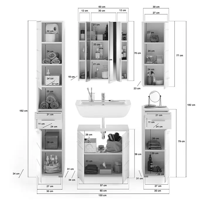 xonox.home Linus Badmöbel-Set Linus - 150 cm, Weiß, Glänzend, Ohne Beleuchtung - Eine grafische Darstellung eines Badezimmerschrank-Sets mit detaillierten Maßangaben für Design und Planung.