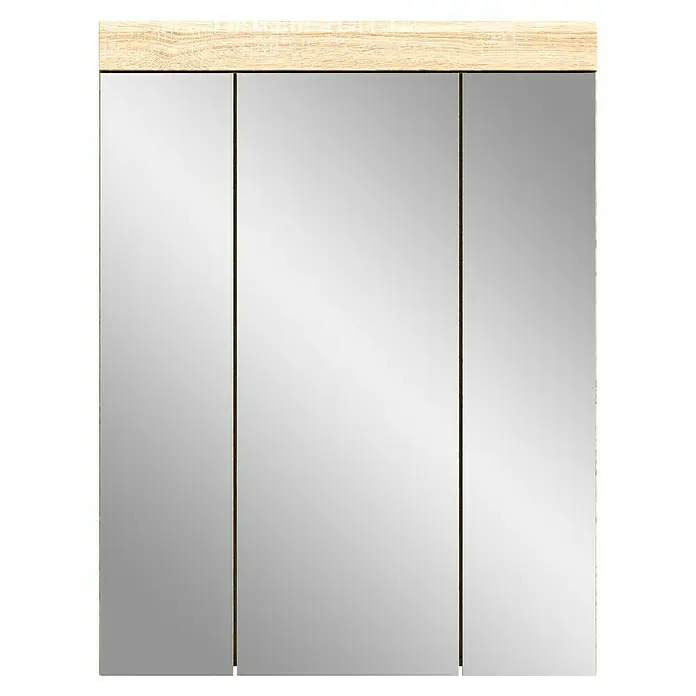 xonox.home Lambada Spiegelschrank Lambada - B x H: 60 x 79 cm, Ohne Beleuchtung, Holz, Sonoma Eiche hell - Ein dreitüriger Spiegelschrank mit einem hellen Holzrahmen, ideal für Badezimmer zur Aufbewahrung und als Spiegel.