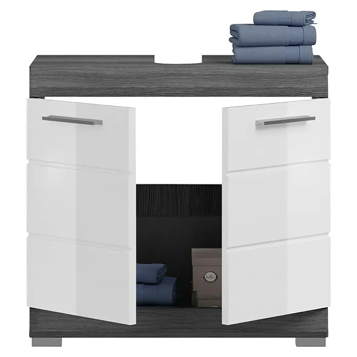 xonox.home Scout Waschtischunterschrank Scout - B x T x H: 60 x 34 x 56 cm, Weiß/Rauchsilber, Glänzend, 2 Türen - Grauer Waschtischunterschrank mit zwei weißen Türen und grauer Oberseite, ideal für Badezimmeraufbewahrung.