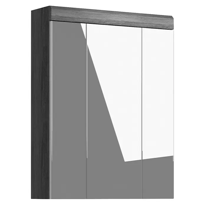 xonox.home Scout Spiegelschrank Scout - B x H: 60 x 79 cm, Ohne Beleuchtung, Holz, Rauchsilber - Das Bild zeigt einen Badezimmerschrank mit drei Spiegeltüren und einem grauen Holzrahmen, der sich perfekt in moderne Badezimmer einfügt.
