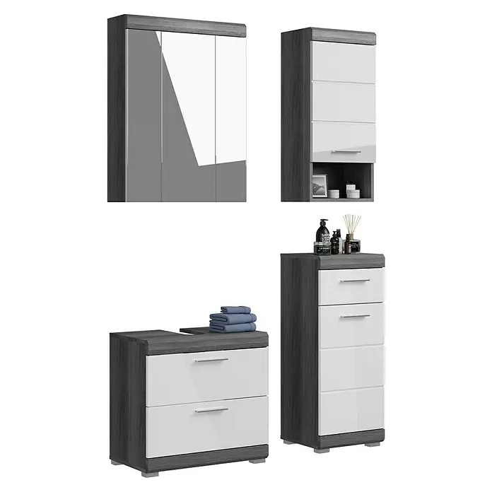 xonox.home Scout Badmöbel-Set Scout - 112 cm, Weiß/Rauchsilber, Glänzend, 4 -tlg., Mit Spiegelschrank, 2 Schubladen - Einrichten Sie Ihr Schlafzimmer mit diesem stilvollen Möbelset. Es umfasst einen Kleiderschrank, Kommoden und einen Nachttisch.