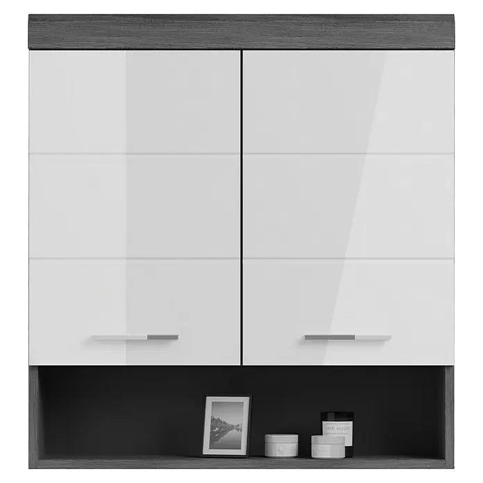 xonox.home Scout Hängeschrank Scout - B x T x H: 74 x 24 x 79 cm, Weiß/Rauchsilber - Moderne Hängeschränke mit glänzenden weißen Fronten und dunklen Holzakzenten, ideal für stilvolle Stauraumlösungen im Wohnbereich.