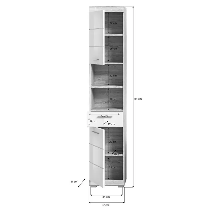 xonox.home Lambada Hochschrank Lambada - 37 x 31 x 191 cm, Weiß/Sonoma Eiche hell - Abmessungen des Hochschranks mit Regalen und Schubladen in Weiß und Holzoptik, Höhe 191 cm.
