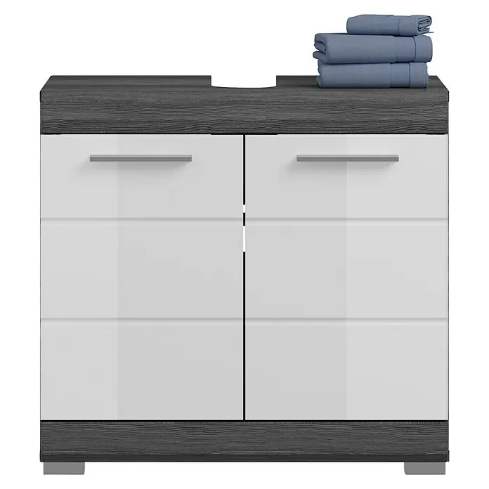 xonox.home Scout Waschtischunterschrank Scout - B x T x H: 60 x 34 x 56 cm, Weiß/Rauchsilber, Glänzend, 2 Türen - Grauer und weißer Badezimmerschrank mit Handtüchern oben, der ausreichend Stauraum und Funktionalität bietet.