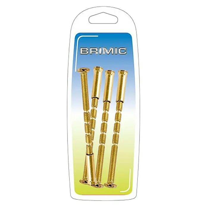Micel Brimic Tornillo de regulación 90664 - Ø x L: 6 x 60 mm, Acero, 4 ud. - Primer plano de un paquete de tornillos BRIMIC de color dorado, ideal para reparaciones y proyectos de bricolaje.