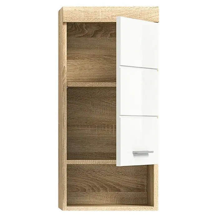 xonox.home Lambada Hängeschrank Lambada - B x T x H: 37 x 24 x 79 cm, Weiß/Sonoma Eiche hell - Ein offener Hängeschrank in Holzoptik mit einer glänzend weißen Tür, die teilweise geöffnet ist, um das Innere zu zeigen.