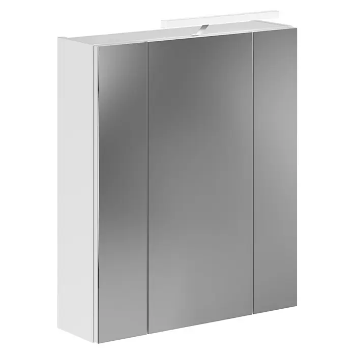 xonox.home Linus LED-Spiegelschrank Linus - B x H: 60 x 71 cm, Mit Beleuchtung, Holz, Weiß - Abbildung eines Spiegelschranks mit drei Türen und einer Leuchte oben. Der Schrank ist weiß mit Spiegelglasfronten.
