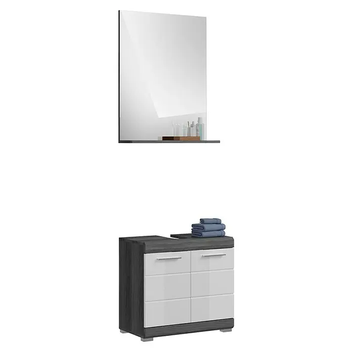 xonox.home Scout Badmöbel-Set Scout - 60 cm, Weiß/Rauchsilber, Glänzend, 2 Türen - Ein modernes Badezimmerset mit einem Spiegelschrank und einem Unterschrank mit Schubladen in Grau und Weiß, ideal für ein stilvolles Bad.
