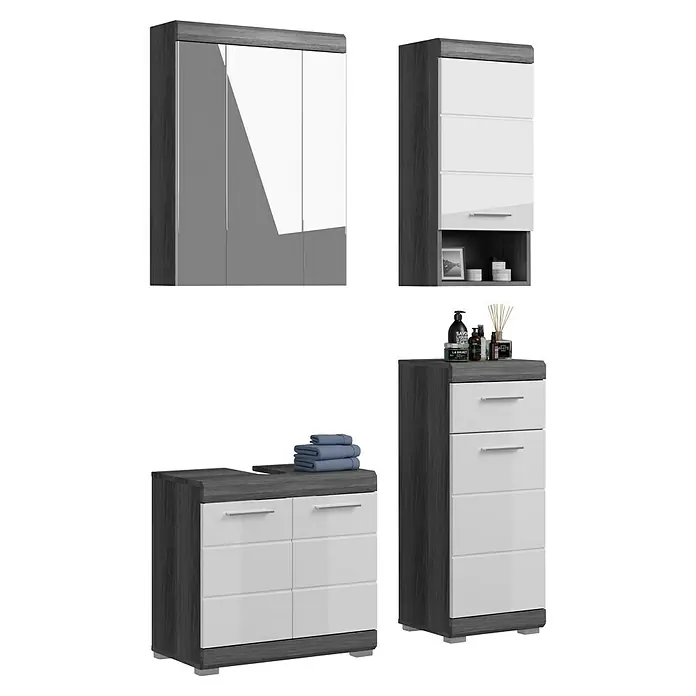 xonox.home Scout Badmöbel-Set Scout - 112 cm, Weiß/Rauchsilber, Glänzend, 4 -tlg., Mit Spiegelschrank, 2 Türen - Schrank-Set mit Schubladen in Grau und Weiß. Perfekt für Badezimmer, mit viel Stauraum und modernem Design.