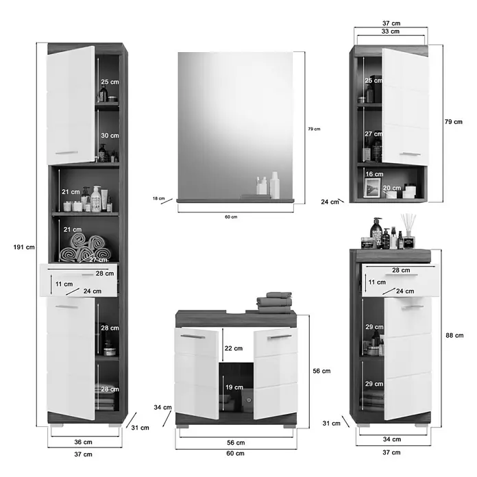 xonox.home Scout Badmöbel-Set Scout - 164 cm, Weiß/Rauchsilber, Glänzend, 2 Türen - Abbildung eines Badezimmermöbel-Sets in Grau und Weiß mit Spiegel und verschiedenen Schrankgrößen mit Maßen.