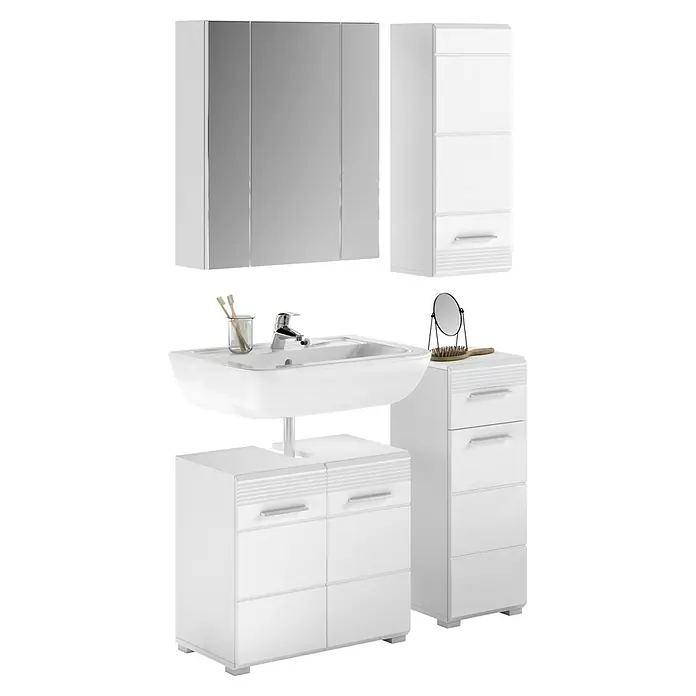xonox.home Linus Badmöbel-Set Linus - 105 cm, Weiß, Glänzend, 4 -tlg. - Ein modernes Badezimmer-Set in Weiß mit Waschbecken, Spiegelschrank und Schubladenelementen für stilvolle Badezimmereinrichtung.