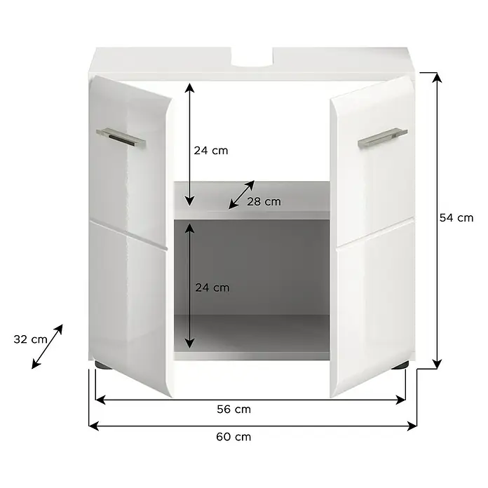 xonox.home Waschtischunterschrank Ice - B x T x H: 60 x 32 x 54 cm, Weiß, Glänzend - Bild des Waschbeckenunterschranks in Weiß mit Maßen. Der Schrank hat zwei offene Türen und ein Regal.