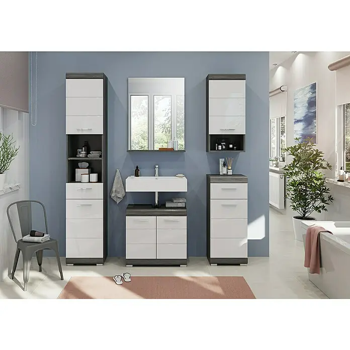 xonox.home Scout Badmöbel-Set Scout - 164 cm, Weiß/Rauchsilber, Glänzend, 2 Türen - Modernes Badezimmer-Set mit Waschbecken, Spiegel und Schränken in Grau und Weiß für ein stilvolles Ambiente. Praktisch und ästhetisch.