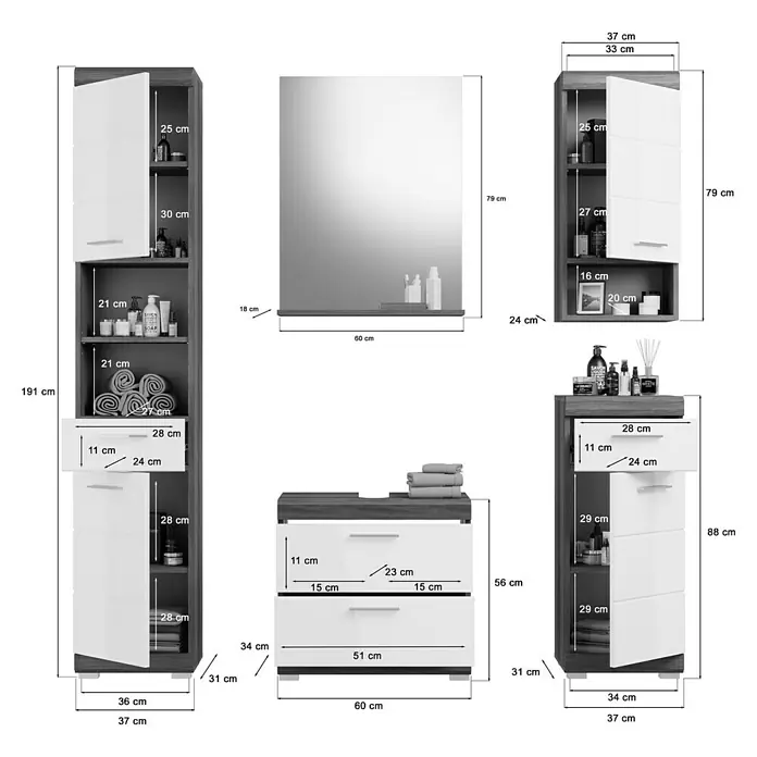 xonox.home Scout Badmöbel-Set Scout - 164 cm, Weiß/Rauchsilber, Glänzend, 2 Schubladen - Eine Badezimmerkombination mit Spiegelschrank, Waschbeckenunterschrank und Hochschrank in Grau und Weiß mit diversen Stauraum-Optionen.