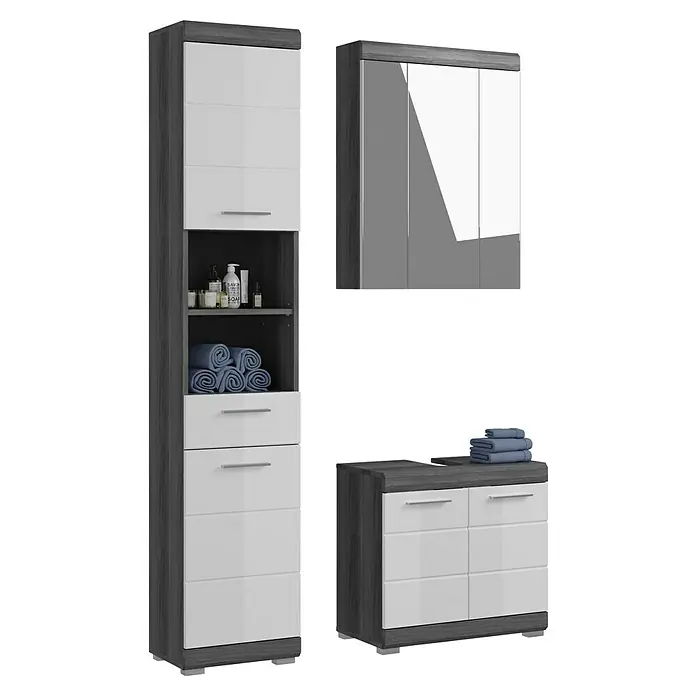 xonox.home Scout Badmöbel-Set Scout - 112 cm, Weiß/Rauchsilber, Glänzend, Mit Spiegelschrank, 2 Türen, 3 -tlg. - Elegantes Badezimmermöbel-Set in Grau und Weiß mit Spiegelschrank, Hochschrank und Unterschrank für ein stilvolles Badambiente.