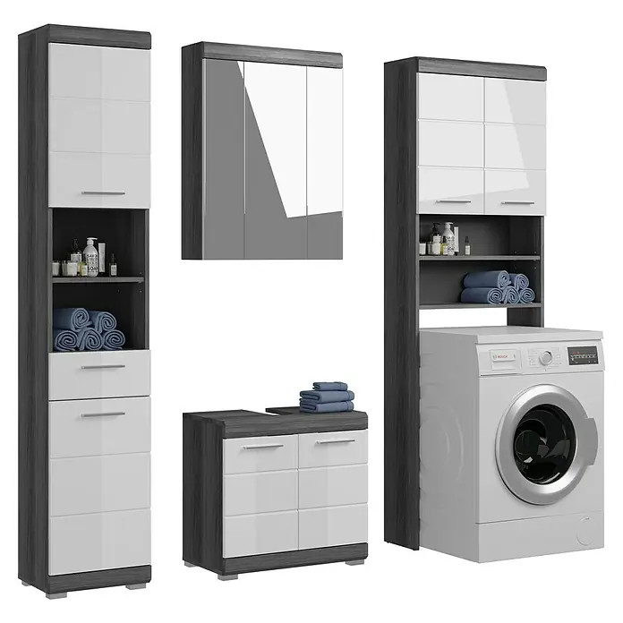 xonox.home Scout Badmöbel-Set Scout - 190 cm, Weiß/Rauchsilber, Glänzend, Mit Spiegelschrank - Elegantes Badezimmermöbel-Set mit Hochglanzfronten in Weiß und modernen grauen Akzenten, inklusive Spiegelschrank und Waschmaschine.