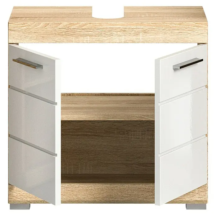 xonox.home Lambada Waschtischunterschrank Lambada - B x T x H: 60 x 34 x 56 cm, Weiß/Sonoma Eiche hell, Glänzend - Ein Waschbeckenunterschrank in Holzoptik mit weißen Türen, die mit modernen, horizontalen Griffen versehen sind. Der Schrank bietet Stauraum im Badezimmer.