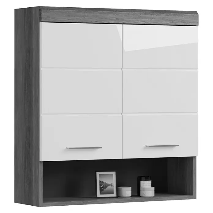 xonox.home Scout Hängeschrank Scout - B x T x H: 74 x 24 x 79 cm, Weiß/Rauchsilber - Das Bild zeigt einen modernen Wandschrank in Grau und Weiß mit sechs Türen und einem offenen Fach. Ideal für zusätzlichen Stauraum.
