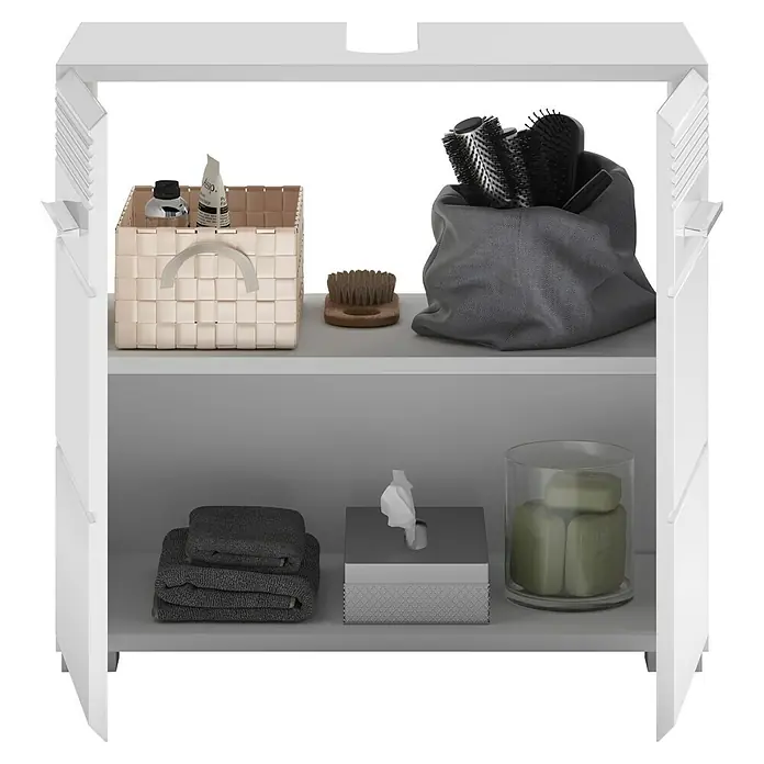 xonox.home Linus Waschtischunterschrank Linus - B x T x H: 60 x 34 x 56 cm, Weiß, Glänzend - Ein weißer Badezimmerschrank mit zwei Regalen, auf denen verschiedene Badartikel wie Handtücher, Seife und Bürsten ordentlich verstaut sind.