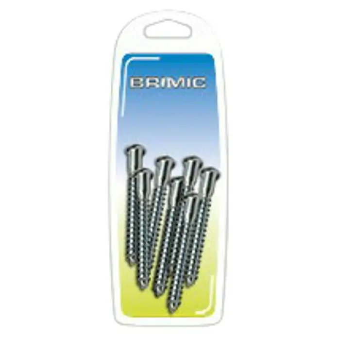 Micel Brimic Tornillo de regulación 90319 - Ø x L: 5 x 50 mm, Acero, 8 ud. - Primer plano de un paquete de tornillos BRIMIC, presentados en un envase de plástico transparente para colgar.