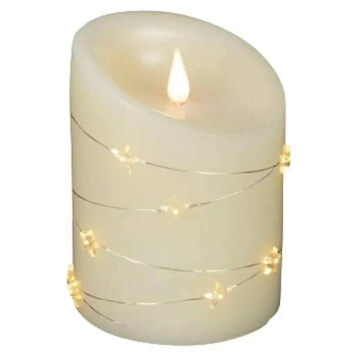 Konstsmide LED-Kerze - Cremeweiß, Ø x H: 10 x 14 cm, Echtwachs - Cremefarbene LED-Kerze mit flackernder Flamme, umwickelt mit einer Lichterkette aus Sternen.