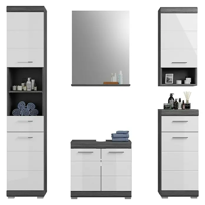 xonox.home Scout Badmöbel-Set Scout - 164 cm, Weiß/Rauchsilber, Glänzend, 2 Türen - Modernes Badezimmermöbel-Set in Weiß und Grau. Das Set beinhaltet Spiegelschrank, Waschtisch und Hochschränke für ein stilvolles Bad.