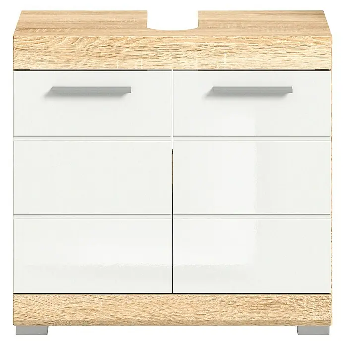 xonox.home Lambada Waschtischunterschrank Lambada - B x T x H: 60 x 34 x 56 cm, Weiß/Sonoma Eiche hell, Glänzend - Das Bild zeigt einen Waschtischunterschrank mit sechs Schubladen und einer hellen Holzplatte. Die Schubladen sind in einem glänzenden Weiß gehalten.