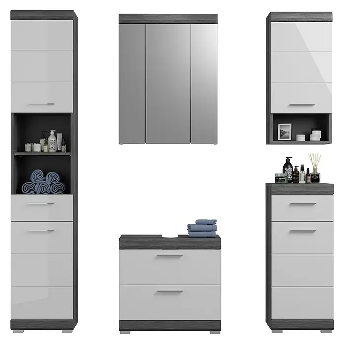 xonox.home Scout Badmöbel-Set Scout - 164 cm, Weiß/Rauchsilber, Glänzend, 2 Schubladen, Ohne Beleuchtung - Badezimmerset mit Hoch-, Spiegelschrank & Unterschrank in Grau und Weiß. Modernes Design für stilvolle Badezimmergestaltung.