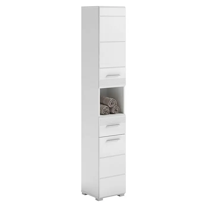xonox.home Linus Hochschrank Linus - 30 x 31 x 182 cm, Weiß - Der elegante weiße Hochschrank mit offenen Regalen und Schubladen bietet praktischen Stauraum für Badezimmerutensilien.