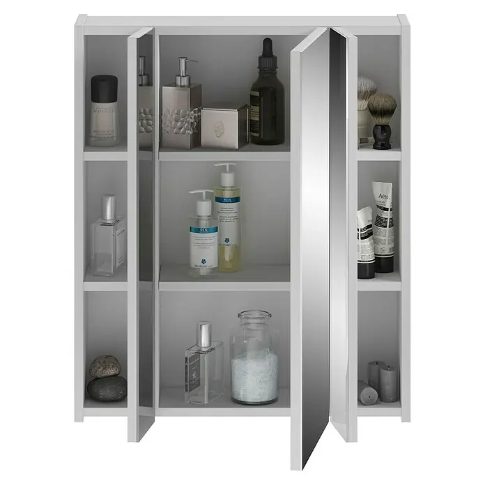 xonox.home Linus Spiegelschrank Linus - B x H: 60 x 70 cm, Ohne Beleuchtung, Holz, Weiß - Ein Badezimmerschrank mit verspiegelten Türen, gefüllt mit verschiedenen Pflegeprodukten und dekorativen Gegenständen in neutralen Farbtönen.