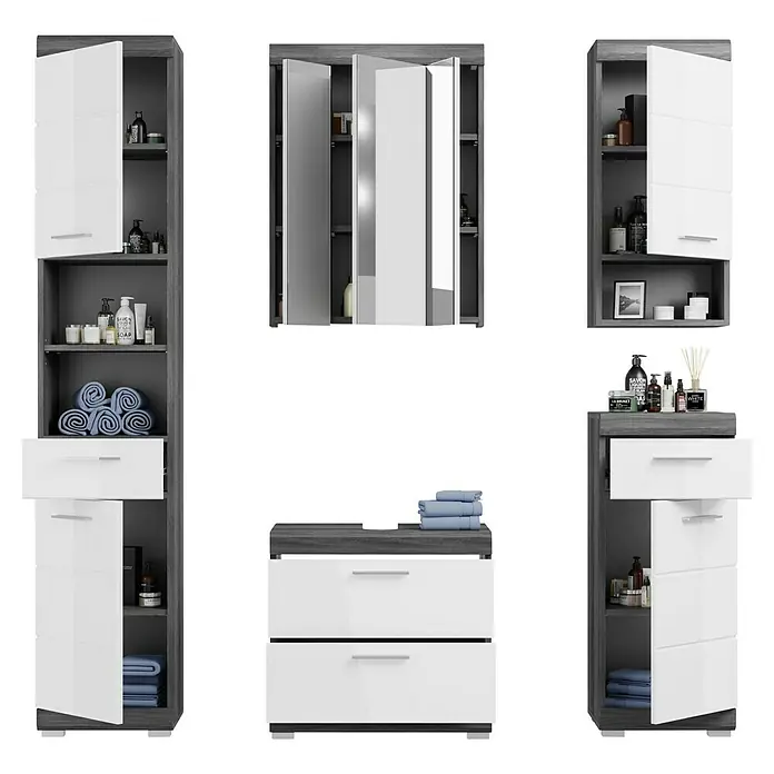 xonox.home Scout Badmöbel-Set Scout - 164 cm, Weiß/Rauchsilber, Glänzend, 2 Schubladen, Ohne Beleuchtung - Badezimmer-Set mit Waschtischunterschrank, Spiegelschrank und zwei Hochschränken in Grau und Weiß.